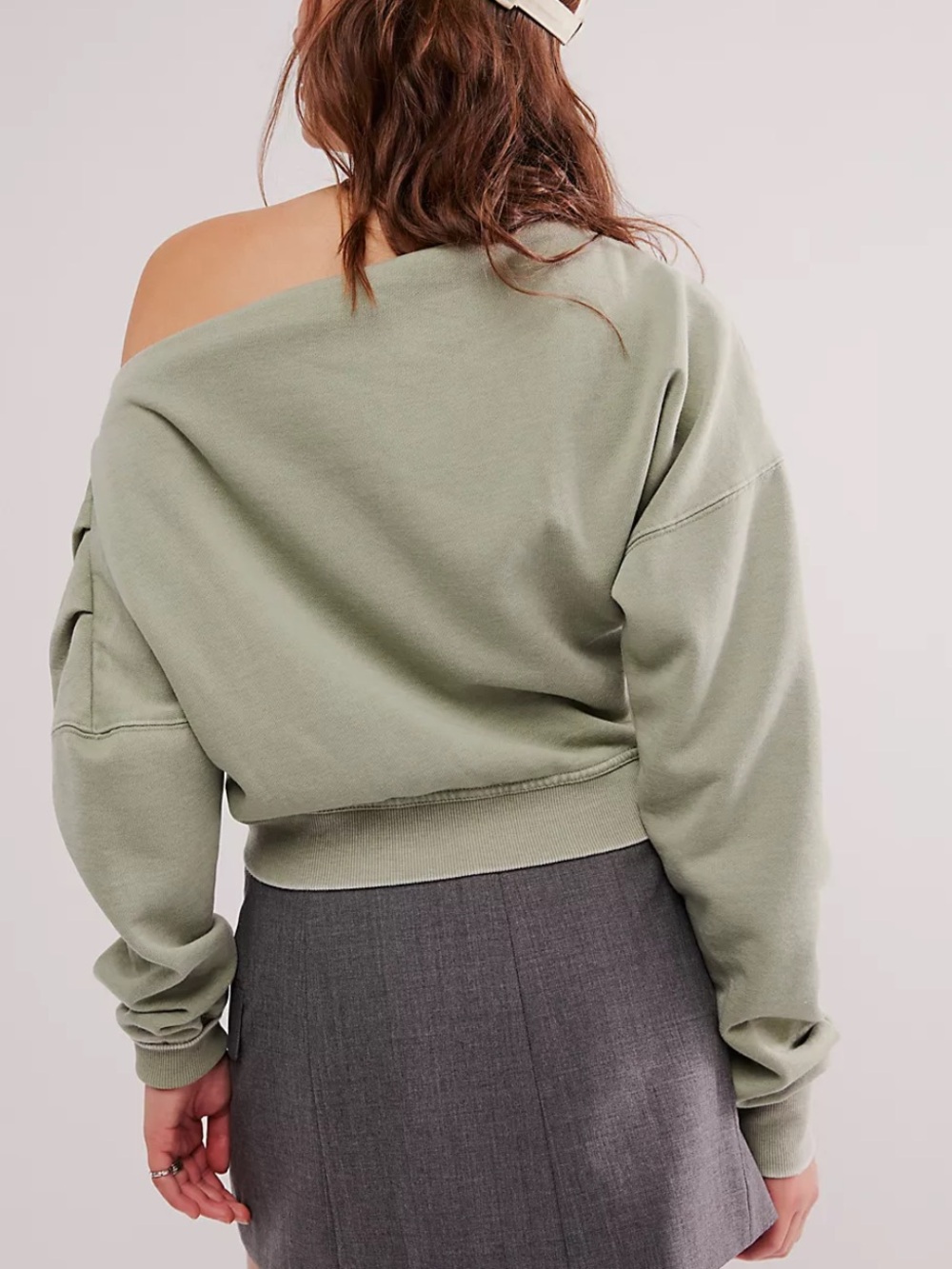 Free People Date Night Off-Shoulder Sweatshirt- Sage Green - Picture 3 of 15